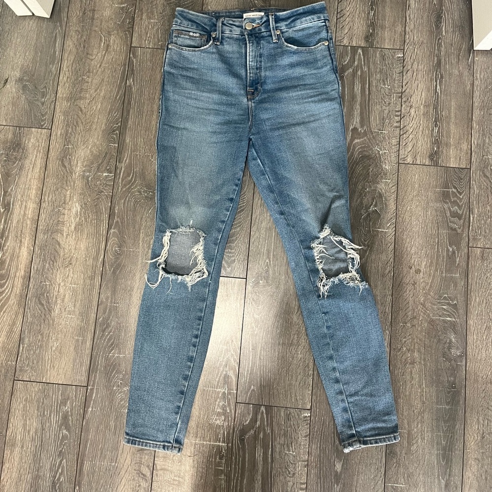 Good American Jeans Womens 0 / 25 Blue Good Legs Skinny Distressed Denim Stretch